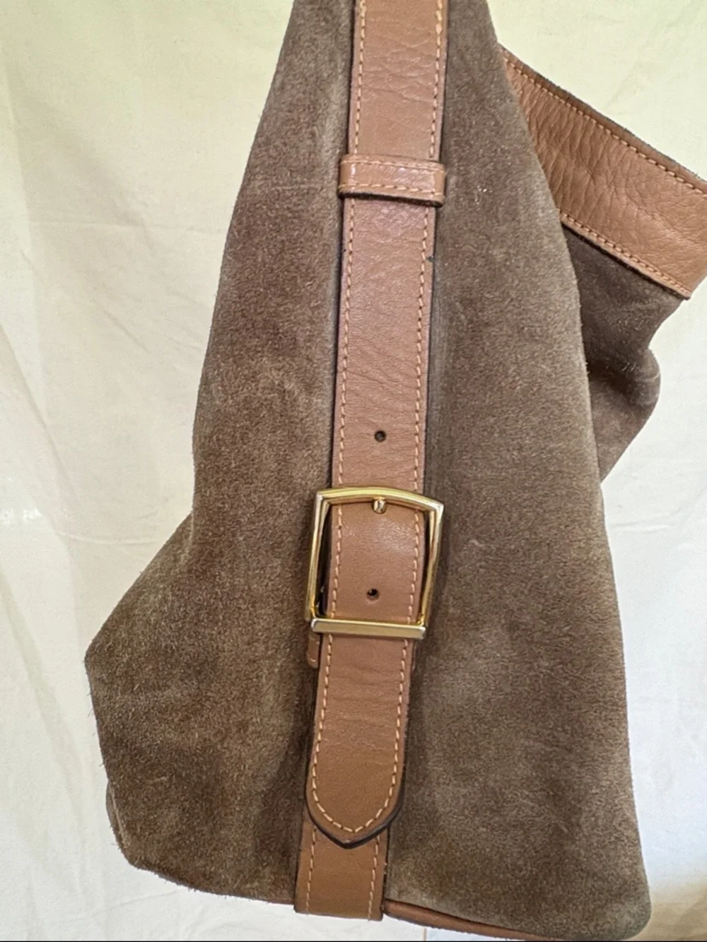 Brown Suede Shoulder Bag with Leather Trim - Picture 2 of 9